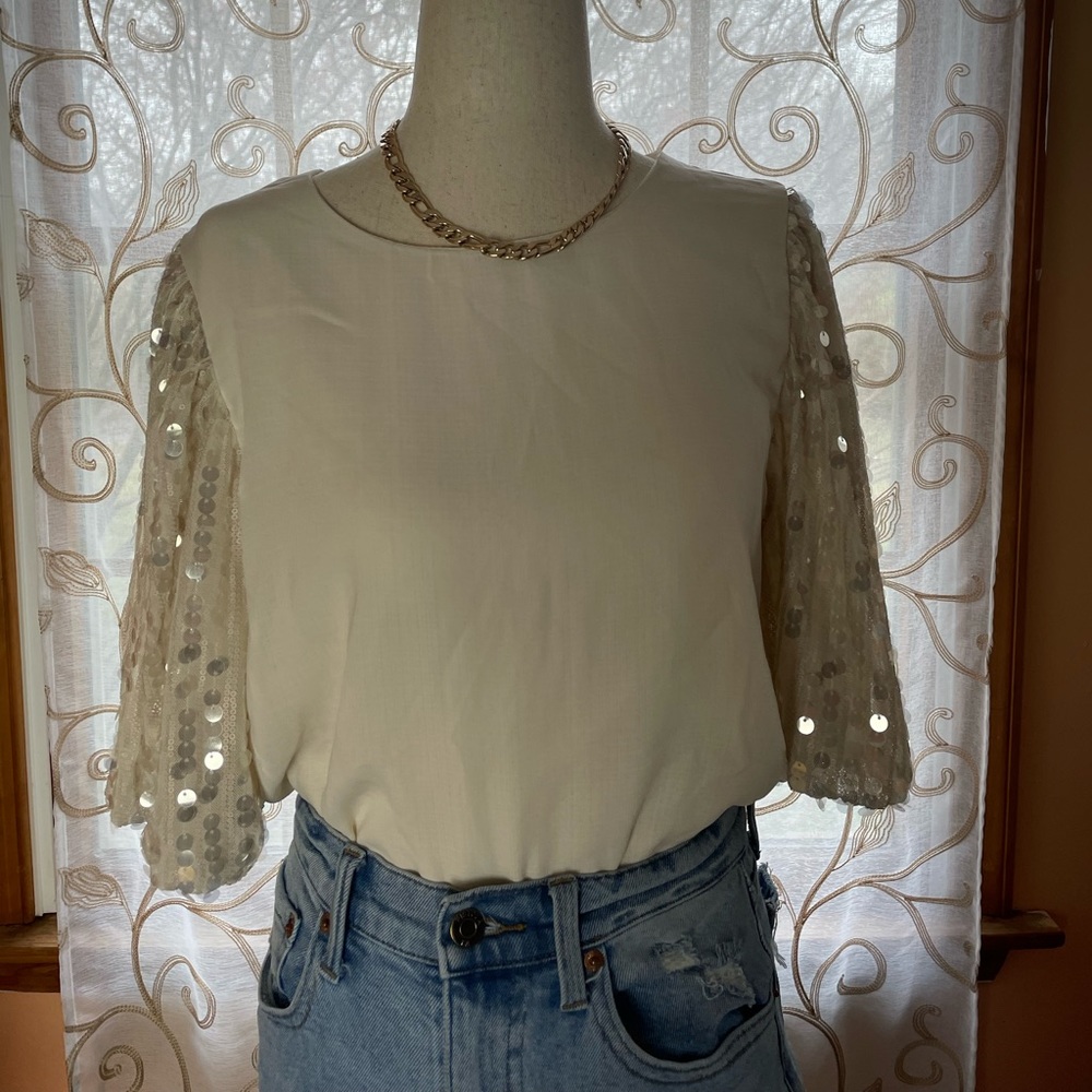 Francesca’s Cream Sequin Balloon Sleeve Top